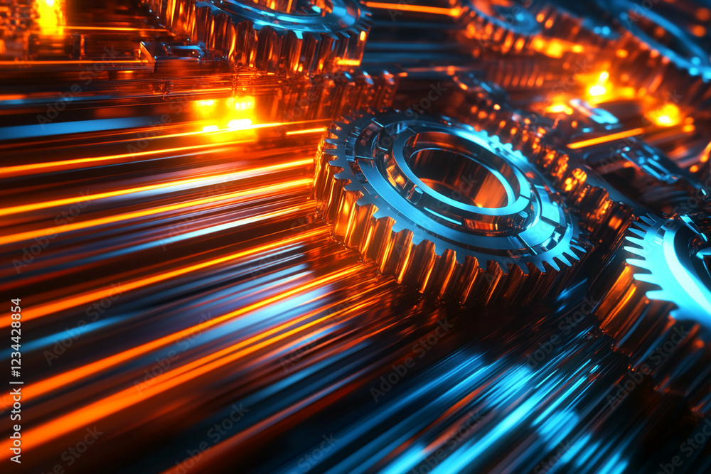Poster close-up of metallic gears in motion with vibrant orange and blue lighting. this image symbolizes te
