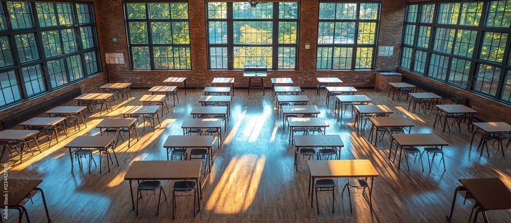 Poster empty classroom with sunlight streaming through large windows.