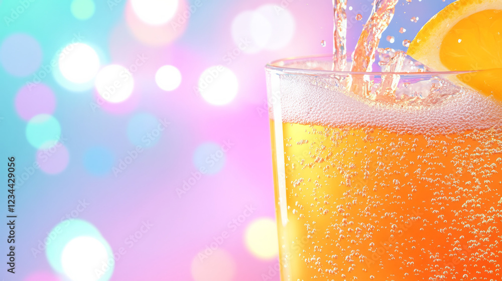 Poster A macro depiction of orange sodaâ€™s effervescence cascading into a transparent glass, highlighted against colorful party lights,