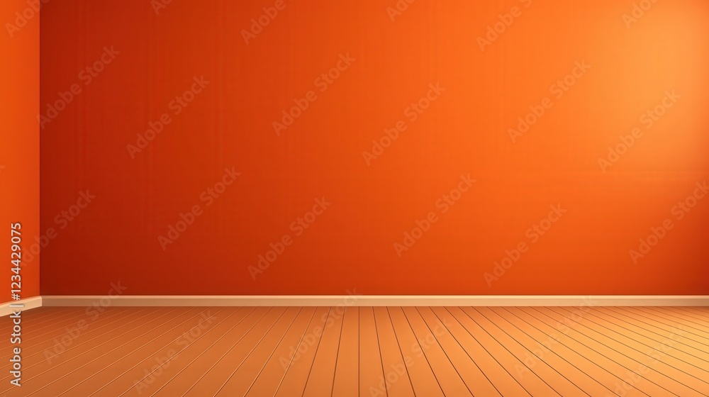 Poster 3d render of an empty dark orange wall background with minimalist design and simple wooden floor per