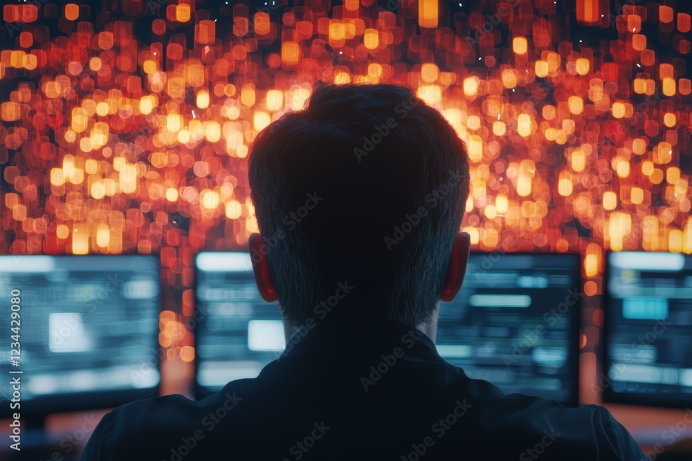 Poster cyber security engineer monitoring network threats in a digital workspace