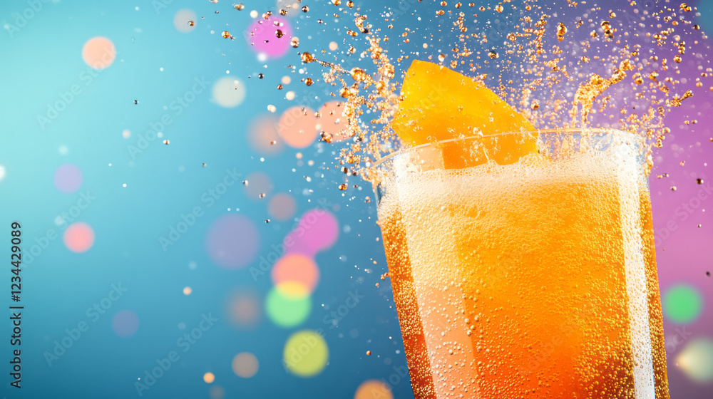 Aufkleber A macro depiction of orange sodaâ€™s effervescence cascading into a transparent glass, highlighted against colorful party lights,