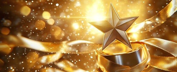 3D render of an award for the best video content creator, a golden trophy with a star on top and flowing ribbons, a shiny gold background, an elegant and professional look
