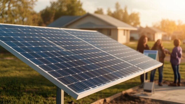 A community solar project providing cost-effective energy to multiple homes in a low-income neighborhood, demonstrating how solar power reduces electricity bills. Residents gather around an