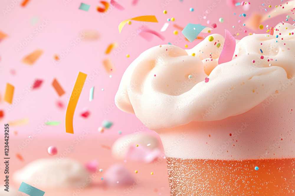 Poster A macro shot of the sodaâ€™s surface tension as it rises, foam building in playful swirls, with hints of streamers or confetti in the blurred background,