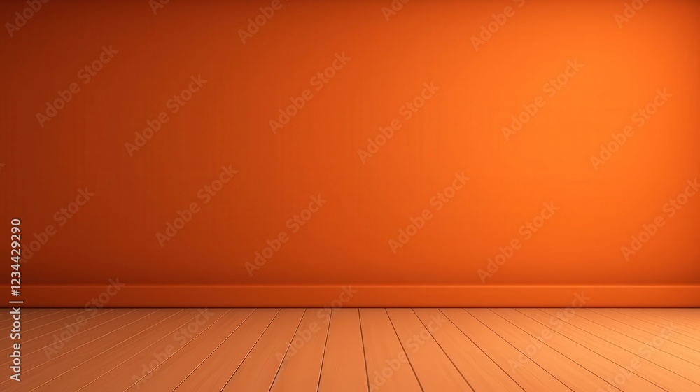 Poster 3d render of an empty dark orange wall background with wooden floor and soft lighting ideal for crea