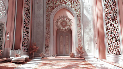elegant islamic-style room with pink and white arabesque patterns and ornate architectural design features