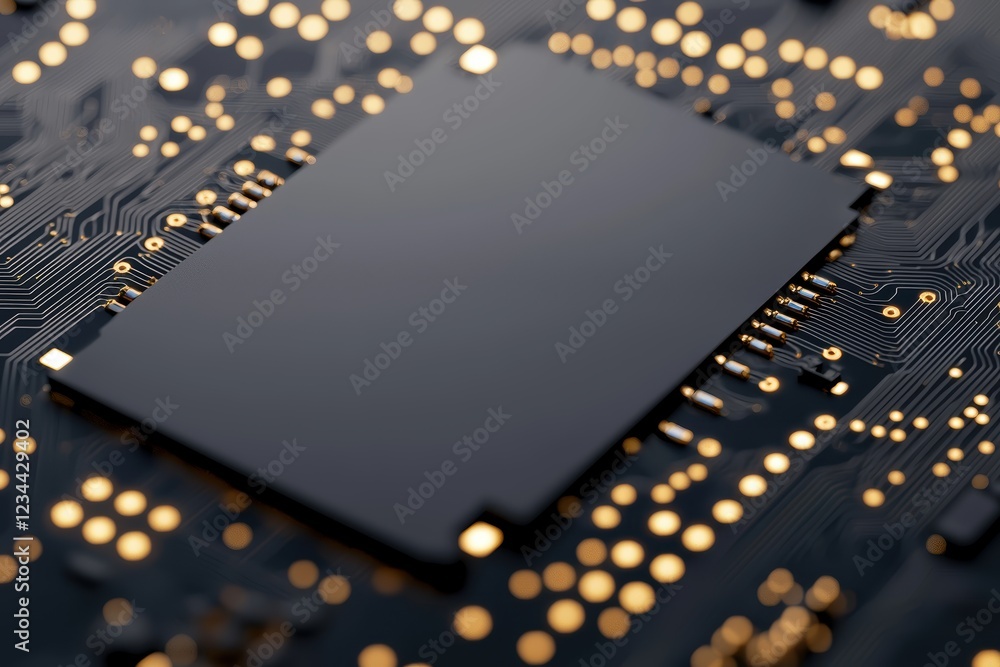 Poster advanced neural network circuit board with golden connections and black chip