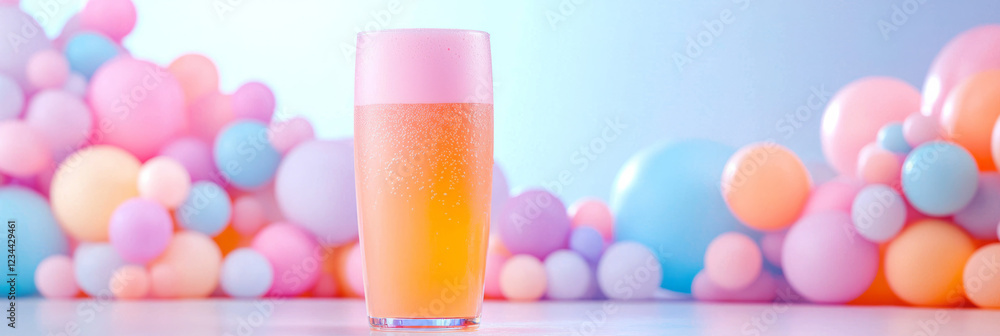 Poster A dynamic perspective where frothy orange soda overflows slightly, with party decor visible in soft pastel hues, enhancing the ad-like quality,