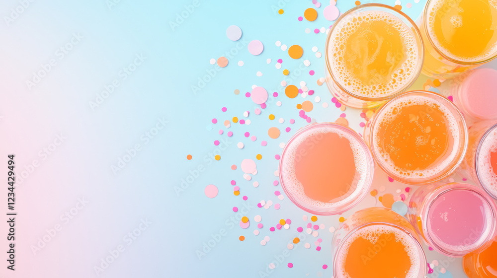 Poster A dreamlike overhead image capturing multiple glasses of orange soda arranged in a circle, sparkling confetti scattered on a luminous table,
