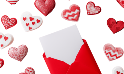 Romantic Red Hearts Blank Card Envelope Valentines Day, Transparent Background, Ai Generative Images