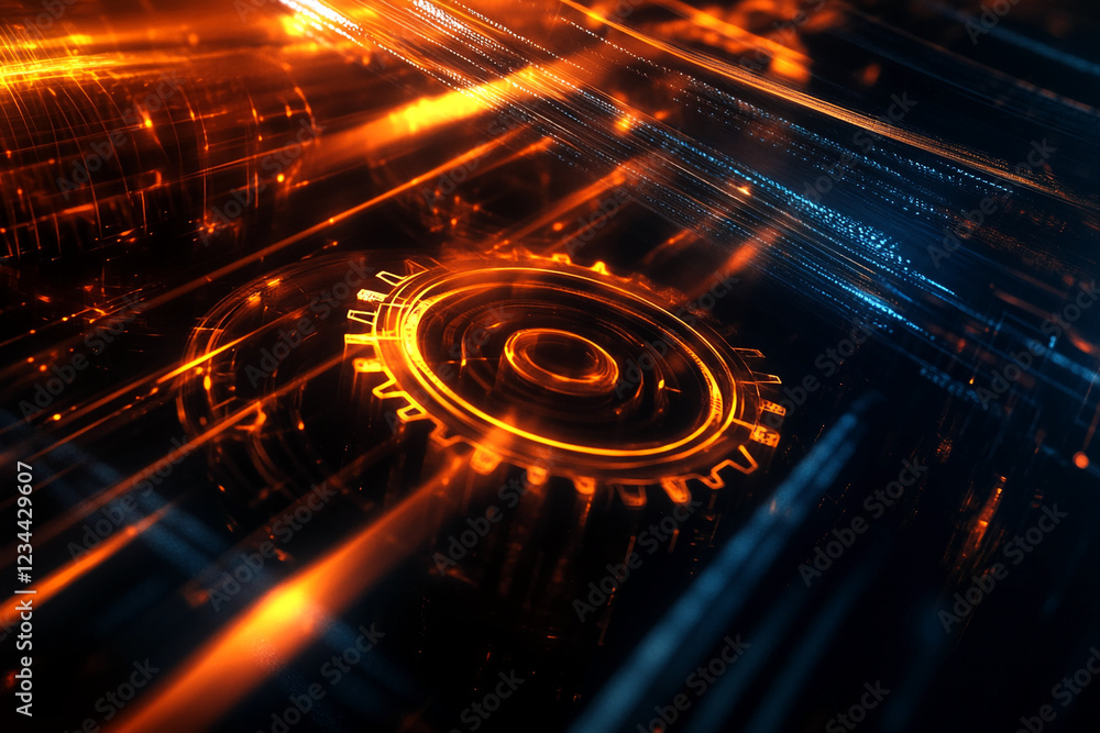 Poster close-up of glowing digital gears and lines symbolizing technological innovation and energy. the ima