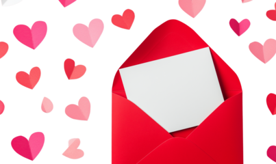 Red Envelope Blank Card Falling Hearts Valentines Day, Transparent Background, Ai Generative Images