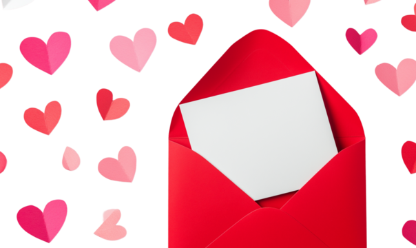 Red Envelope Blank Card Falling Hearts Valentines Day, Transparent Background, Ai Generative Images
