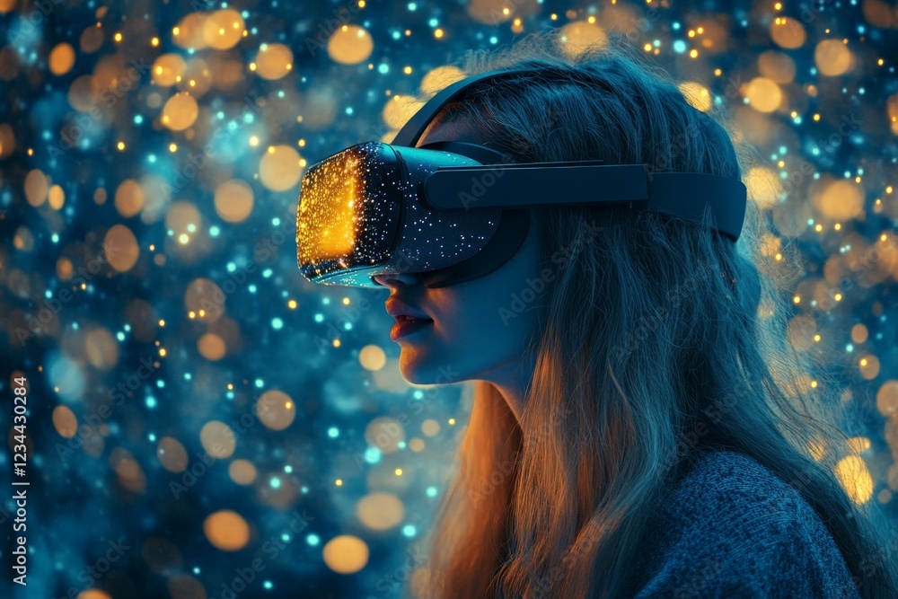 Aufkleber Exploring virtual reality in an immersive environment filled with colorful lights and dynamic patterns