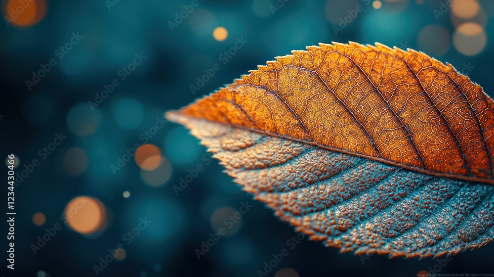 Poster glowing autumn leaf closeup with bokeh background