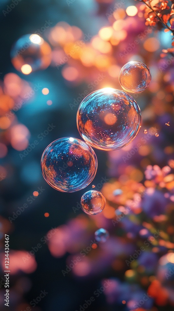 Poster floating soap bubbles in magical garden with bokeh background