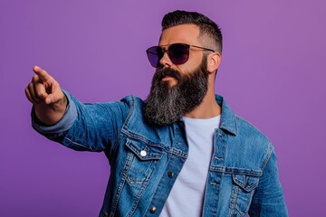 Fototapeta premium Stylish bearded man in sunglasses and denim jacket, pointing to the left against a purple background.