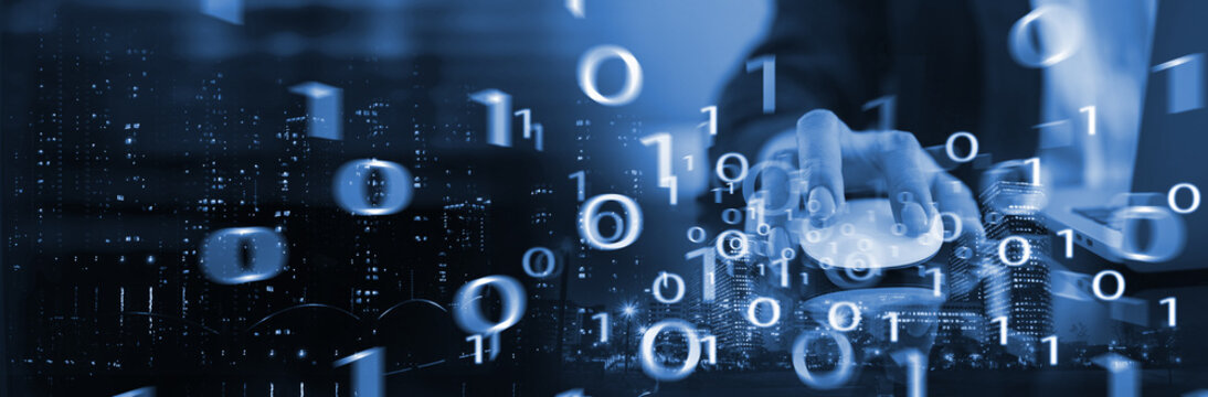 Digital technology, future tech background. Computer programmer using laptop with binary code, blue smart city as background, big data, digital transformation, information technology