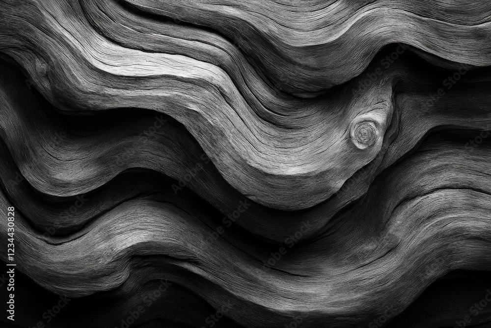 Poster intricate patterns on weathered wood exhibit graceful curves and natural textures in soft monochrome