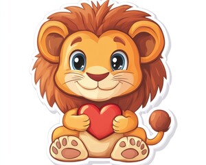 Obraz premium Cute lion cub holding heart, Valentine's Day card (2)