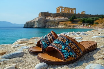 Colorful sandals on a Greek beach with ancient ruins in the background.