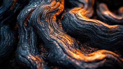Glowing burnt wood texture close-up, forest fire aftermath