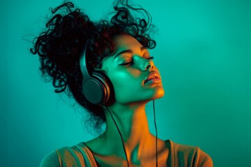 Fototapeta premium Trendy young woman wearing headphones and tilting head to one side, enjoying music on a teal background.