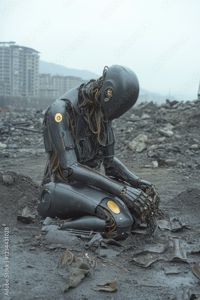 Poster an industrial setting where the robotic vehicle stands out in reflective metal plating, methodically