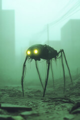 A tense, moody shot at dusk, capturing a robot&acirc;&euro;&trade;s headlights illuminating dusty debris piles, revealing the machine&acirc;&euro;&trade;s mission amid crumbling walls,