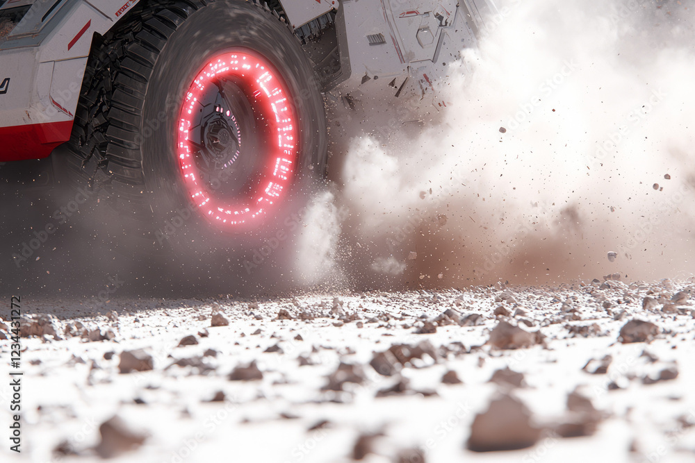 Poster a close-up portrait-style angle of the vehicleâ€™s robust hydraulic systems and sensor array, dust s