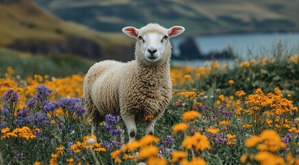 Naklejka premium Fluffy Sheep in a Vibrant Wildflower Meadow with Mountain and Ocean Views