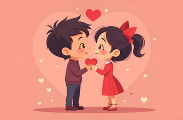 Happy young lovers couple. Illustration of a Valentine's Day in a cartoon style. Happy Valentine's Day.
