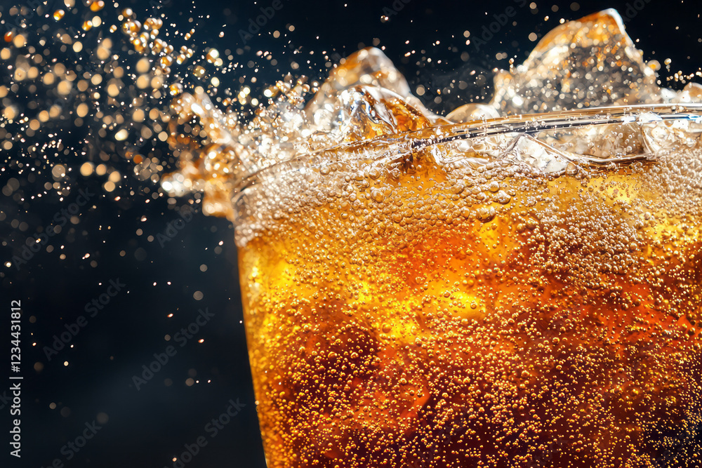 Poster a crisp image of cola being poured into a transparent glass, capturing the rush of bubbles and a cas