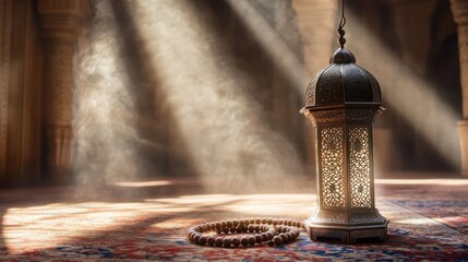Obraz premium Soft Light Through Window on Lantern and Prayer Beads in Mosque
