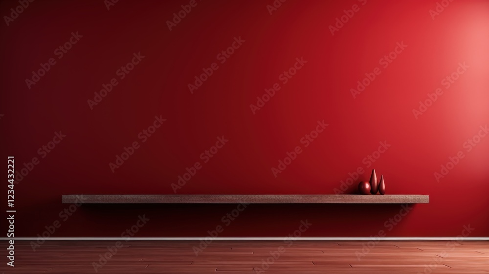 Poster 3d render of an empty dark red wall background with minimalist shelf and decorative vases for modern