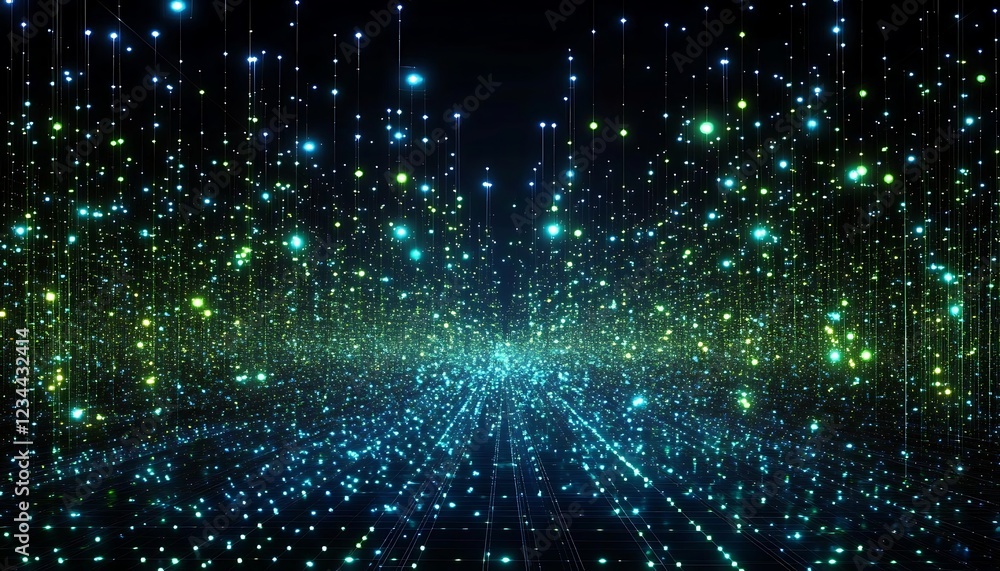 Poster abstract background representing data particles in a technological environment, each particle convey
