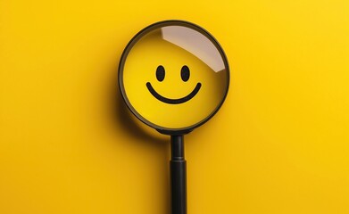 Magnifying glass showing smiley face on yellow background