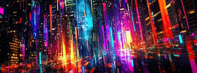 Vibrant glitch patterns featuring fragmented pixels and bold streaks dancing together