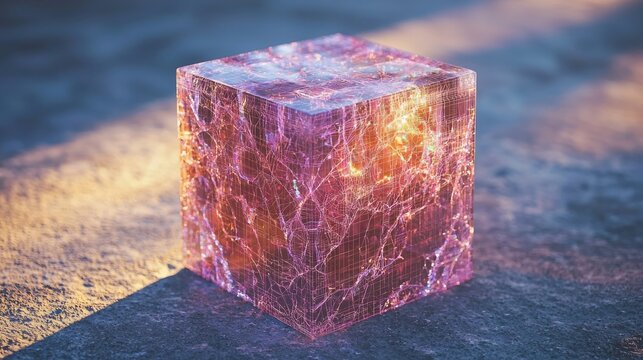 Glowing crystal cube on concrete at sunset