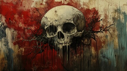 Skull mural. Graffiti-style skull, Spray-painted grunge art all around, Gritty urban alley, Street culture with dark splashes of color