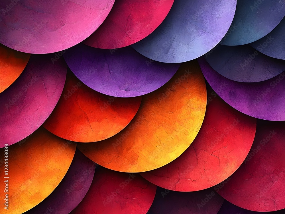 Poster vibrant abstract pattern featuring rounded shapes in shades of purple, red, orange, and gold. the te