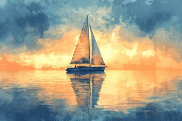 Sailboat gliding across calm waters under a vibrant sunset sky at dusk