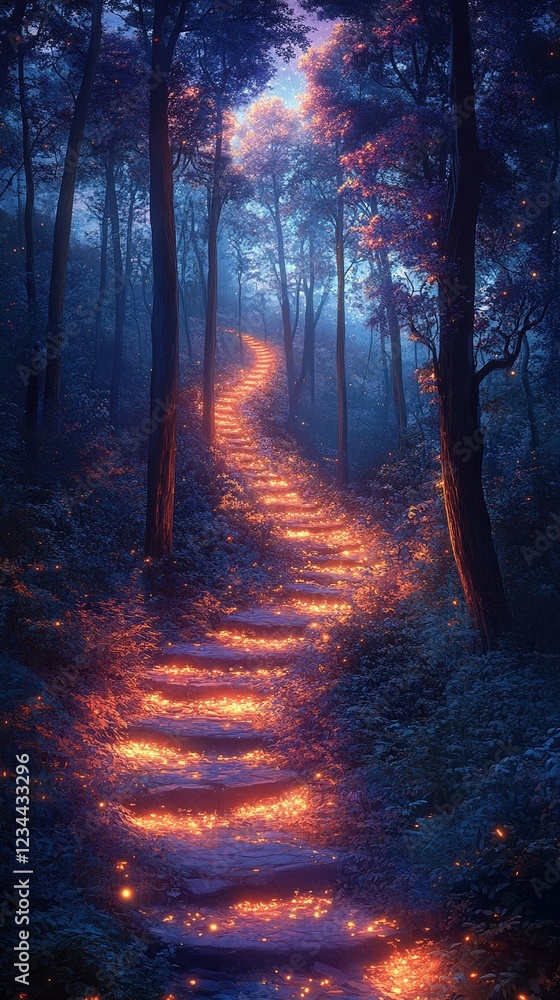 Poster glowing path through dark forest at twilight with fireflies