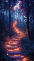 Obraz premium Glowing path through dark forest at twilight with fireflies