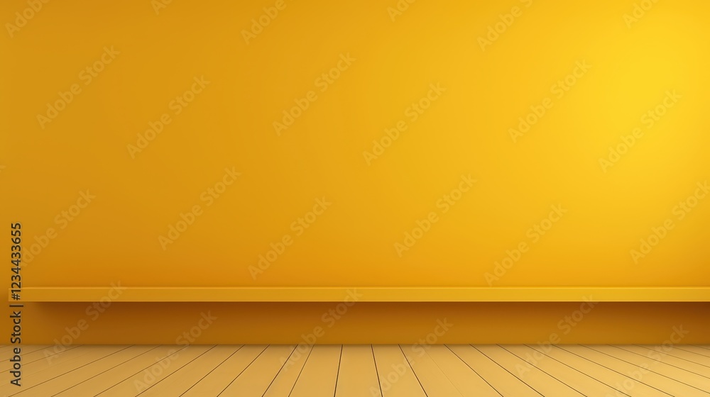 Poster 3d render of an empty and dark yellow wall background with minimalistic shelf for modern interior de