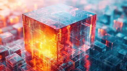 Glowing cube core on digital city grid, data processing