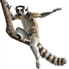 Fototapeta premium Portrait of a Curious Lemur Stretching on a Branch with Unique Facial Expressions in Natural Light