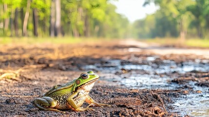Green Frog on Dirt Road: Serene Australian Wildlife Photography