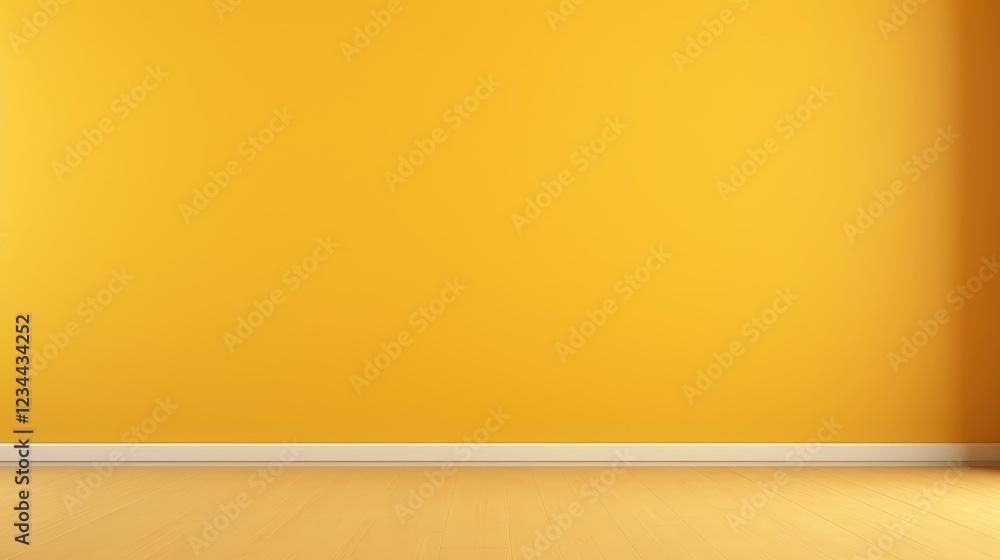 Poster bright 3d render of an empty dark yellow wall background with soft wooden floor ideal for use in mod